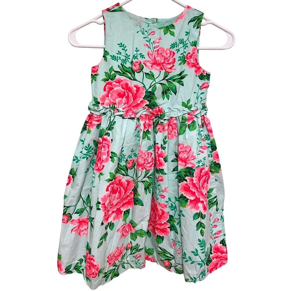 Gymboree Cotton Dress Blue Pink Peony‎ Floral Ruffle Party Size 7 EUC